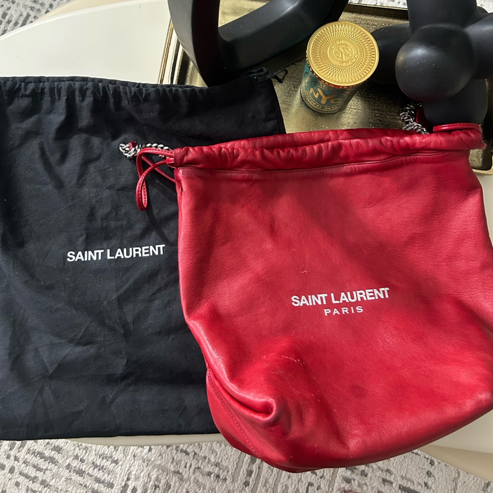 Saint Laurent Lambskin Teddy Drawstring Bag Eros Red - Picture 14 of 16